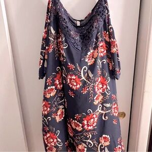 Navy Floral Off Shoulder Dress with Lace Detail